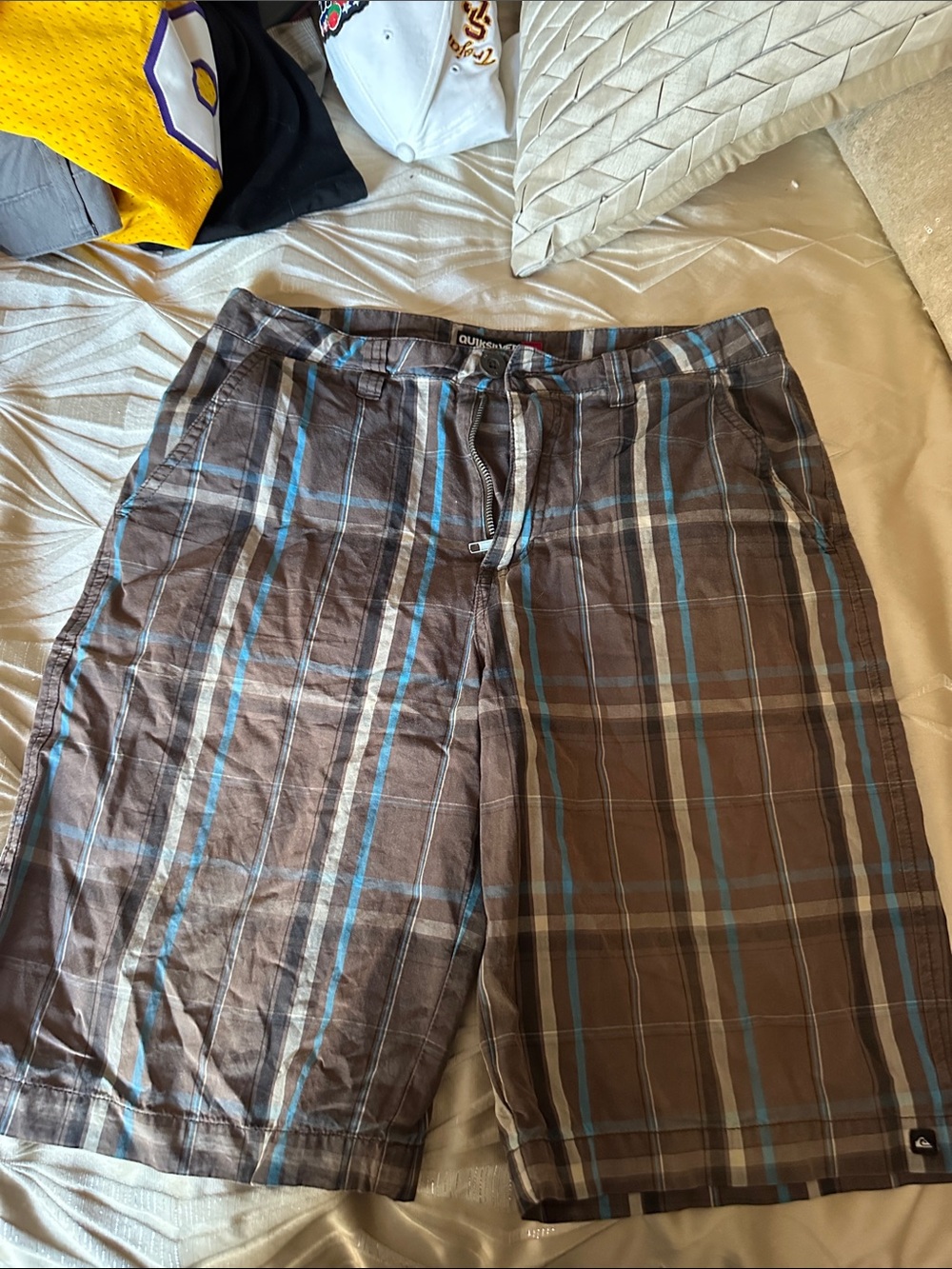 Quiksilver Brown and Blue Plaid boys shorts.